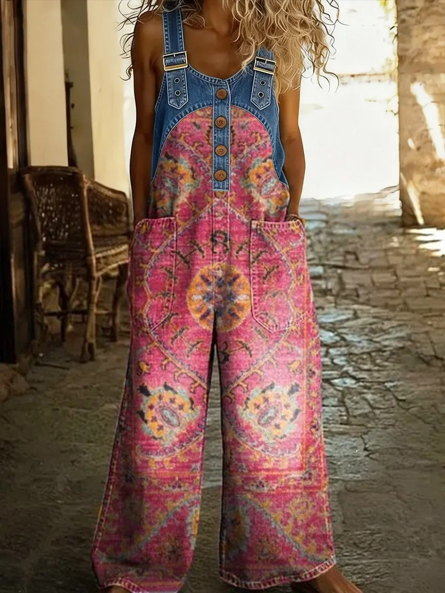 Women's Retro Floral Color-Blocked Art Print Washed Cotton Denim Patchwork Jumpsuit